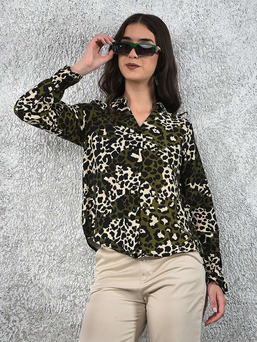 women animal print collared long sleeve shirt