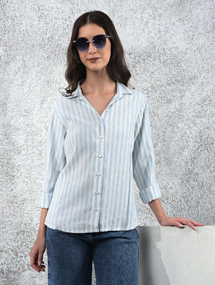 women striped collared long sleeve shirt
