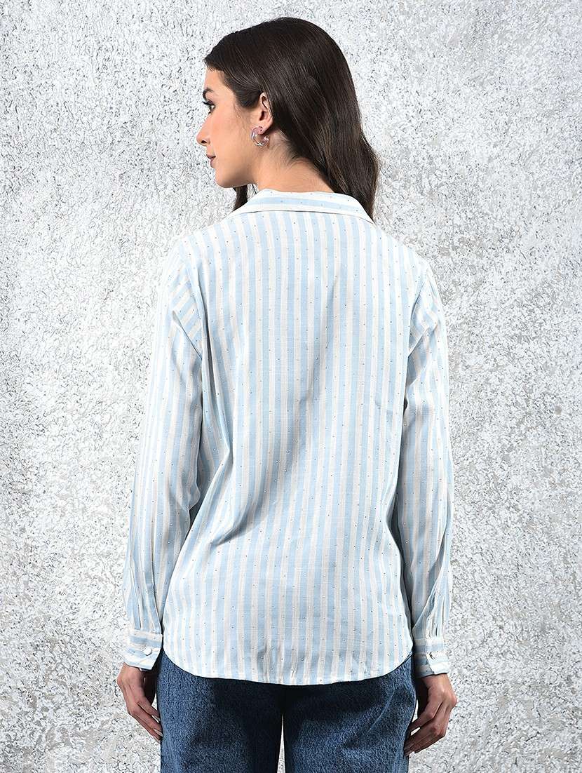 women striped collared long sleeve shirt - 22178355 -  Standard Image - 3