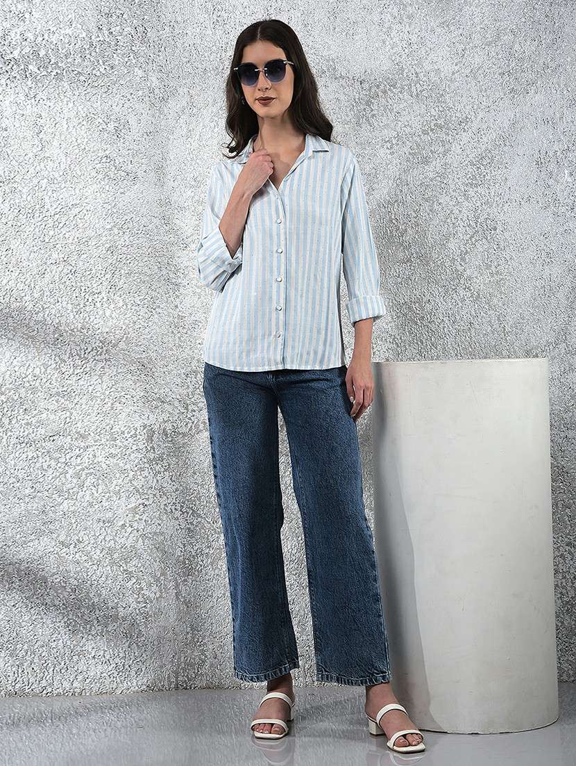 women striped collared long sleeve shirt - 22178355 -  Standard Image - 5