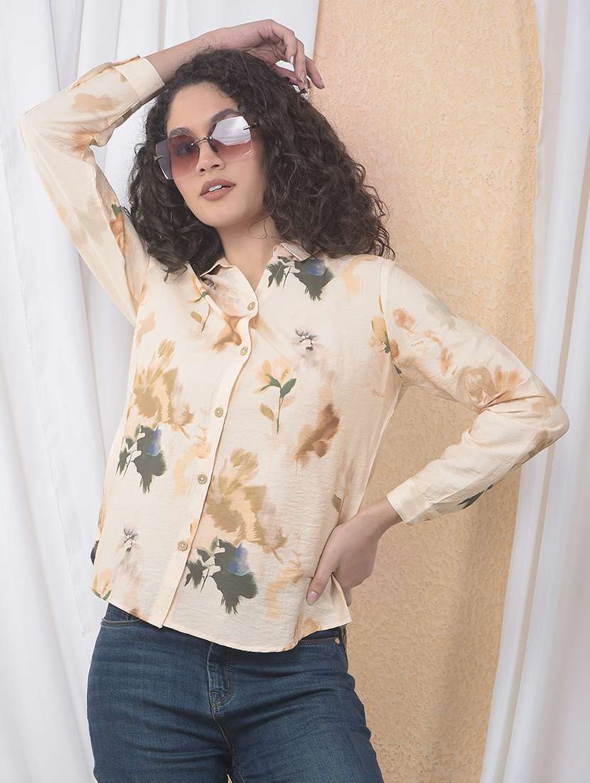 women printed collared long sleeve shirt