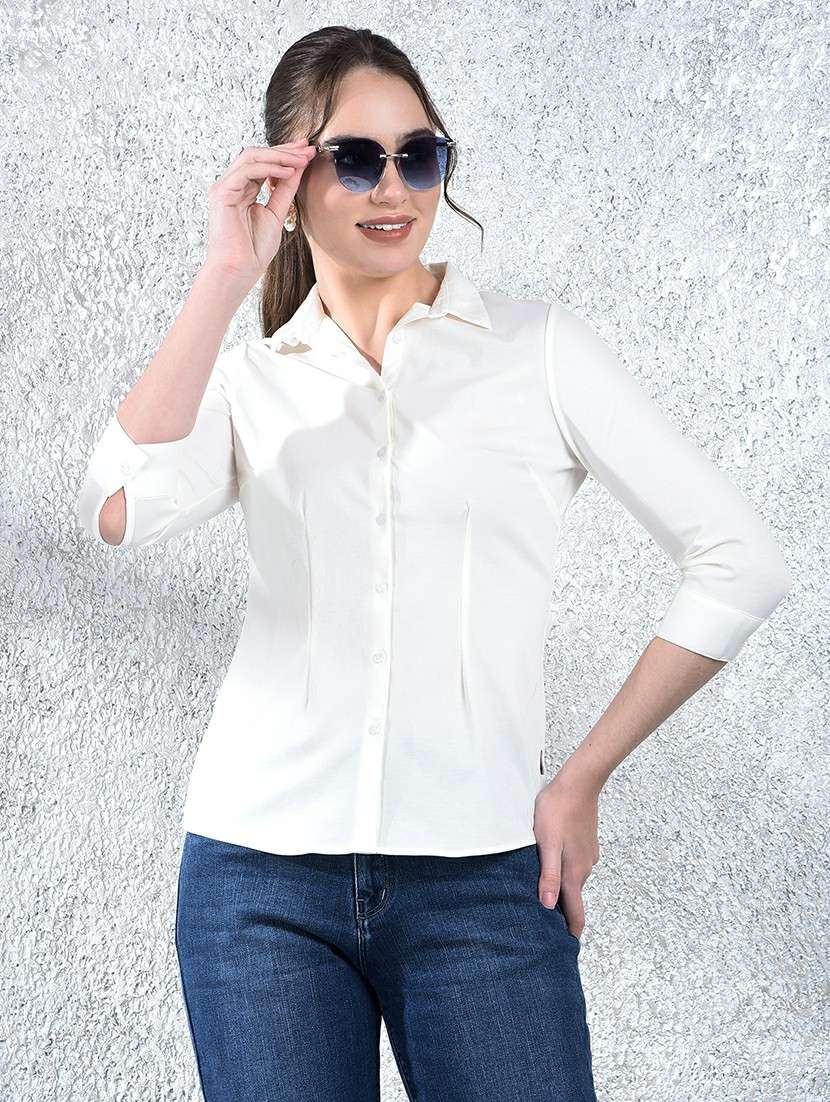 women solid collared three quarter sleeve shirt - 22178372 -  Zoom Image - 0