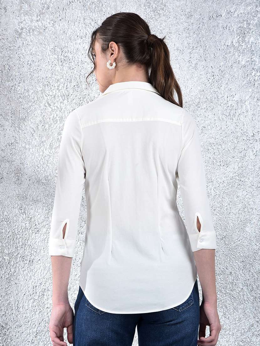 women solid collared three quarter sleeve shirt - 22178372 -  Standard Image - 3