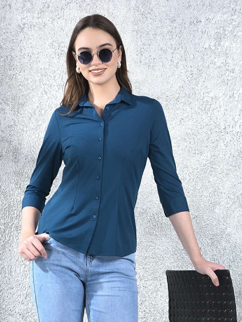 women solid collared three quarter sleeve shirt