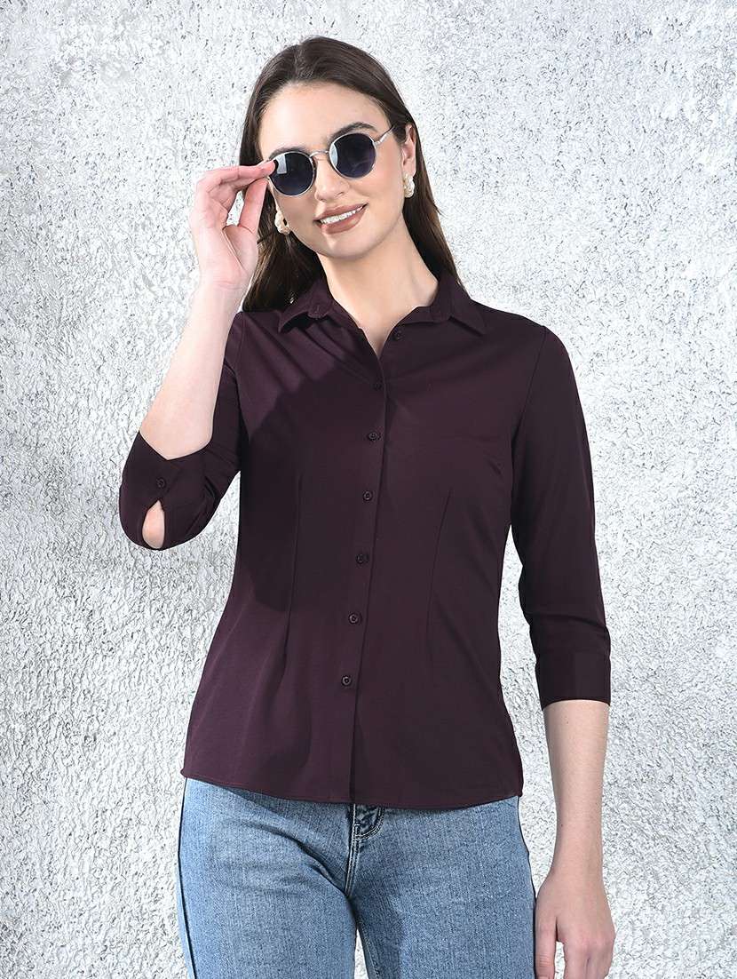 women solid collared three quarter sleeve shirt