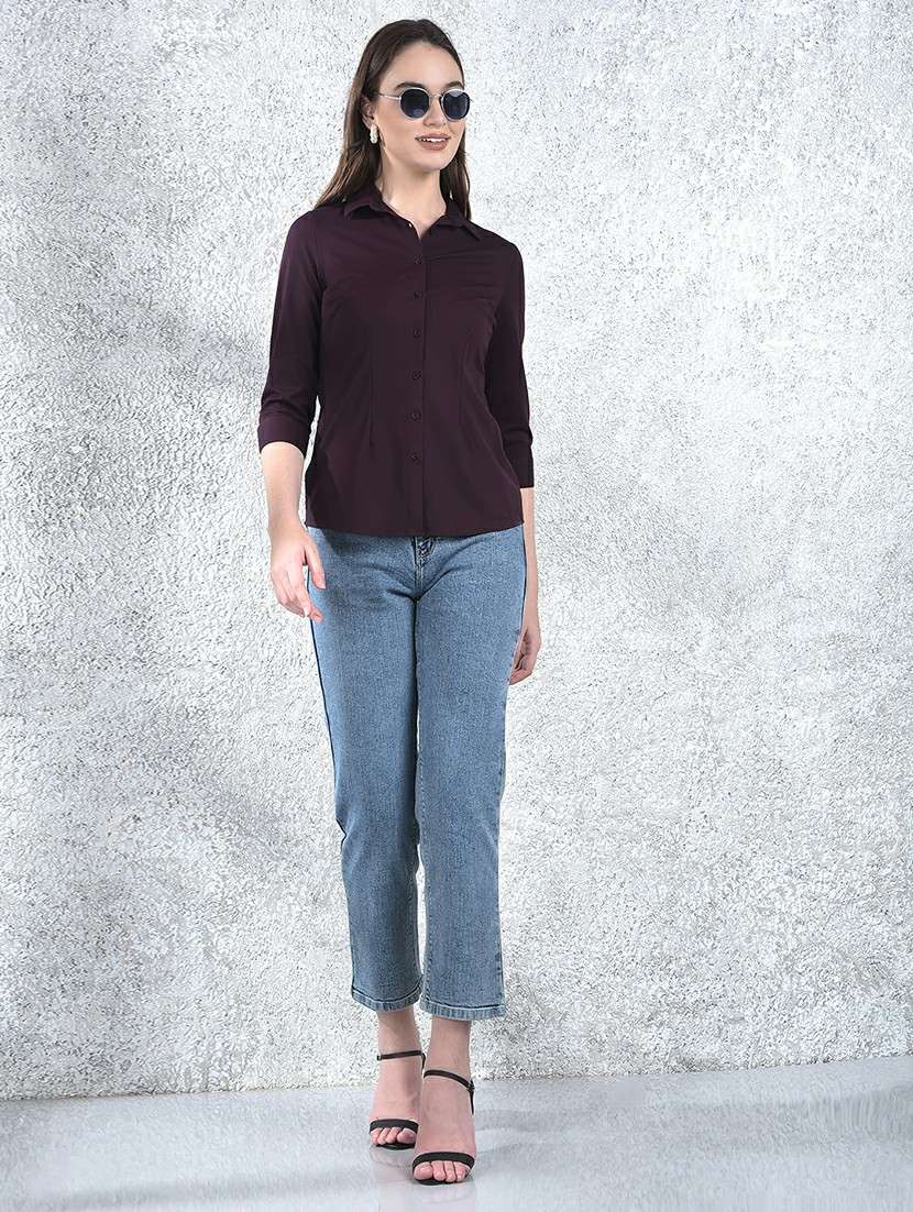 women solid collared three quarter sleeve shirt - 22178375 -  Standard Image - 5