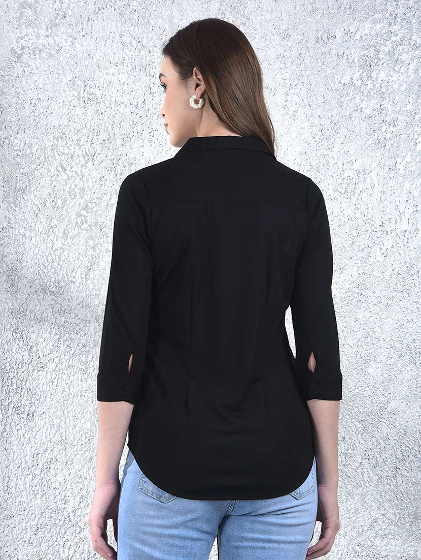 women solid collared three quarter sleeve shirt - 22178376 -  Standard Image - 3