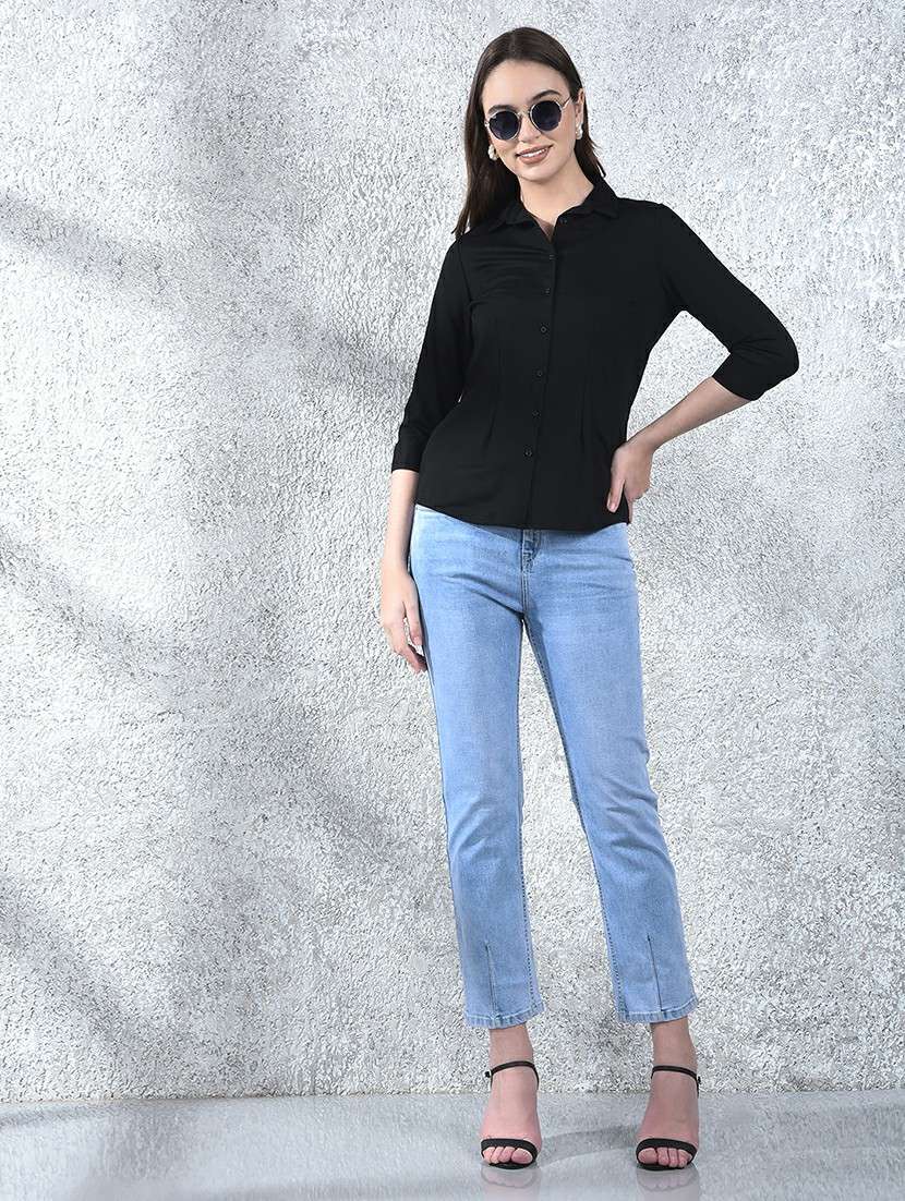 women solid collared three quarter sleeve shirt - 22178376 -  Standard Image - 5