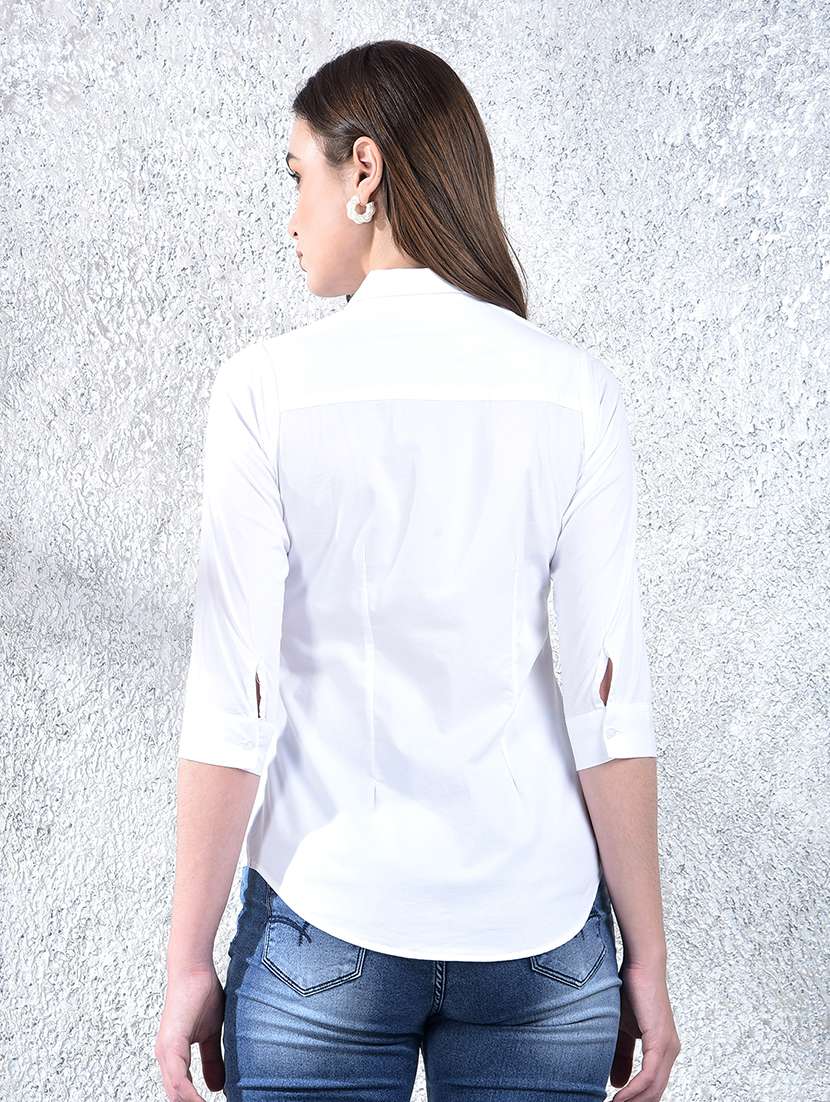 women solid collared three quarter sleeve shirt - 22178377 -  Standard Image - 3