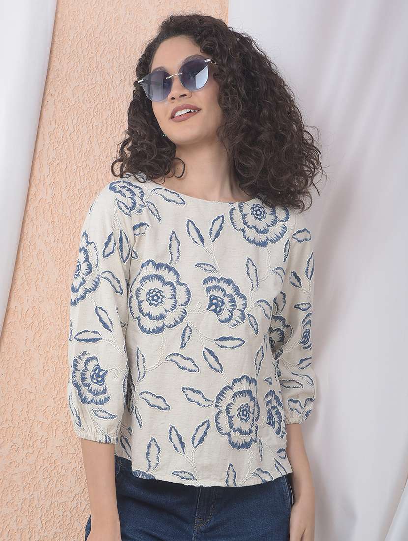 women embroidered puff sleeve regular top