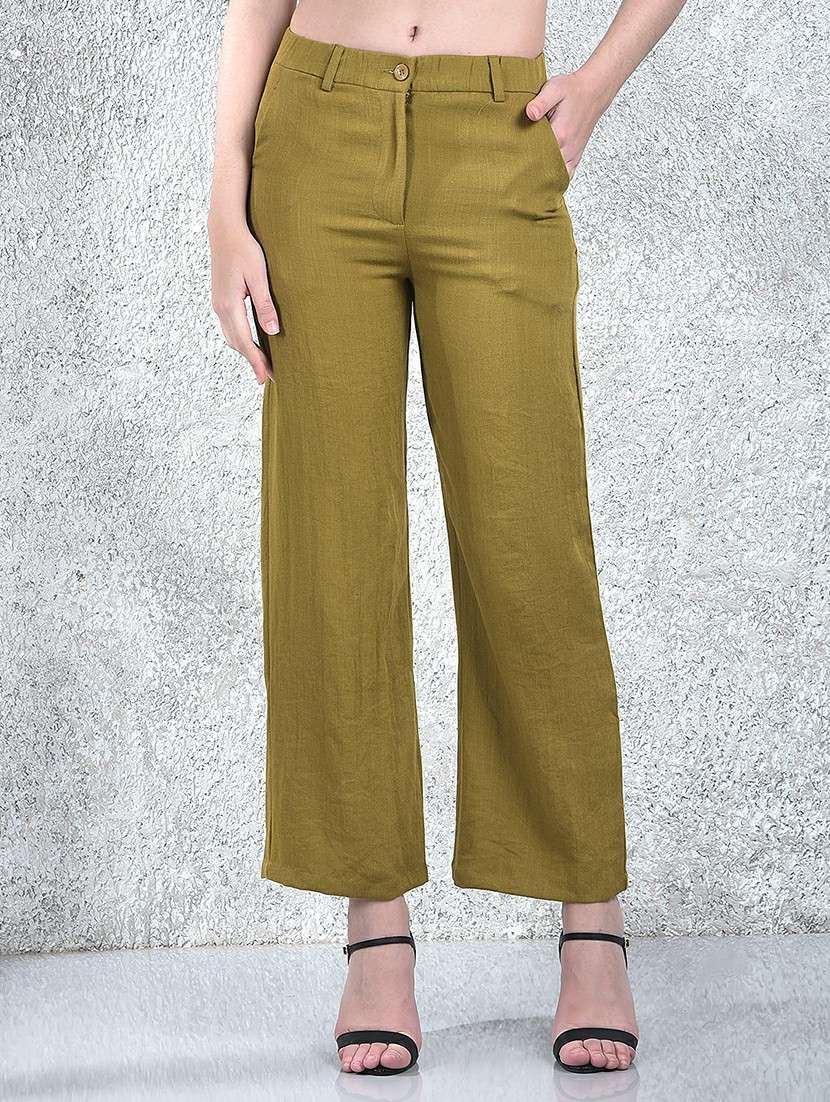 women solid mid rise straight fit trouser