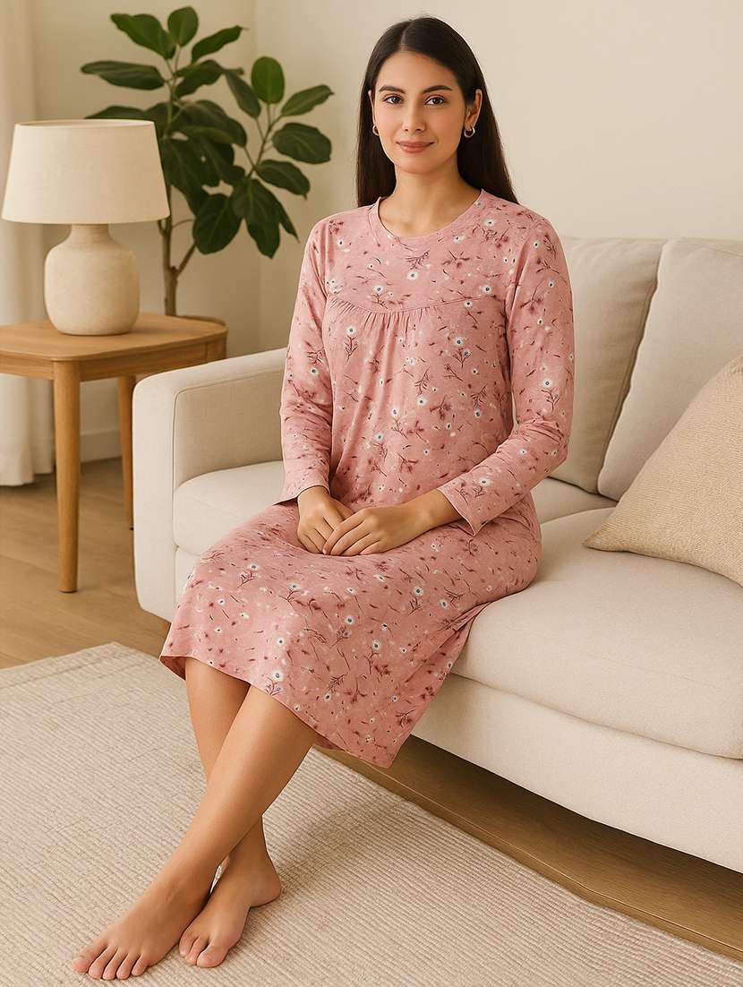 women peach printed long sleeve nighty