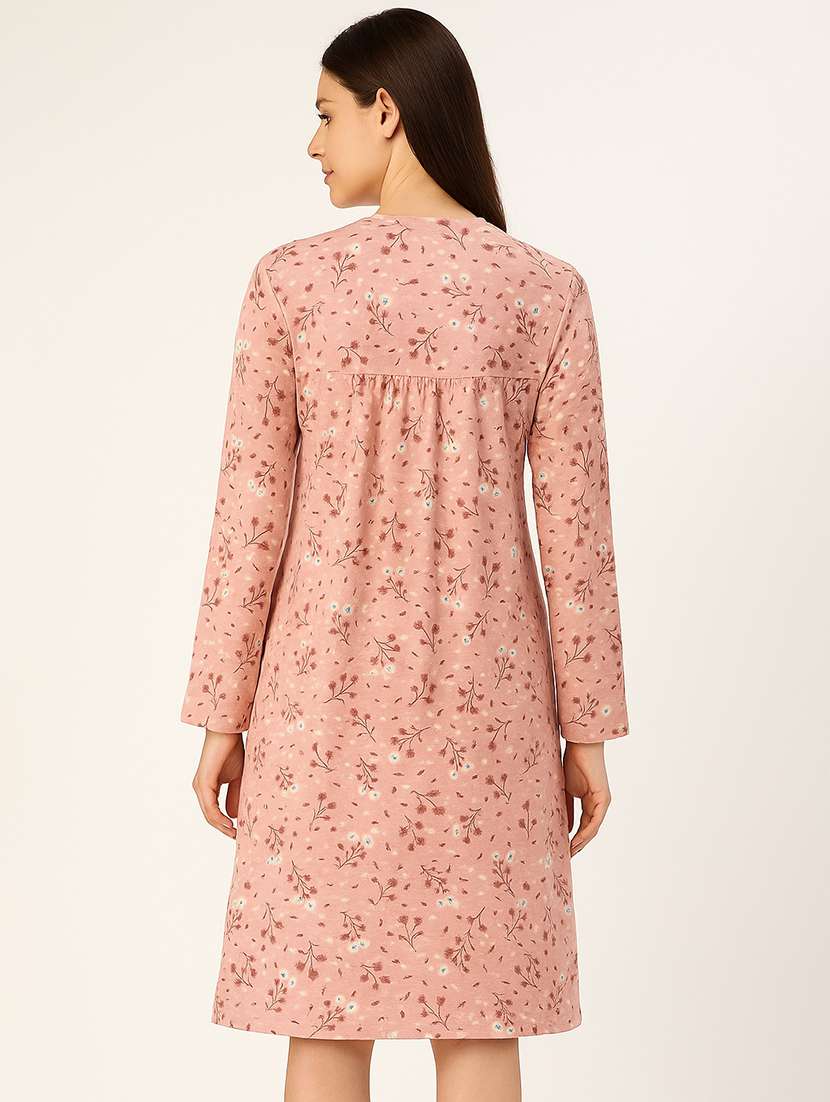 women peach printed long sleeve nighty - 22178416 -  Standard Image - 3