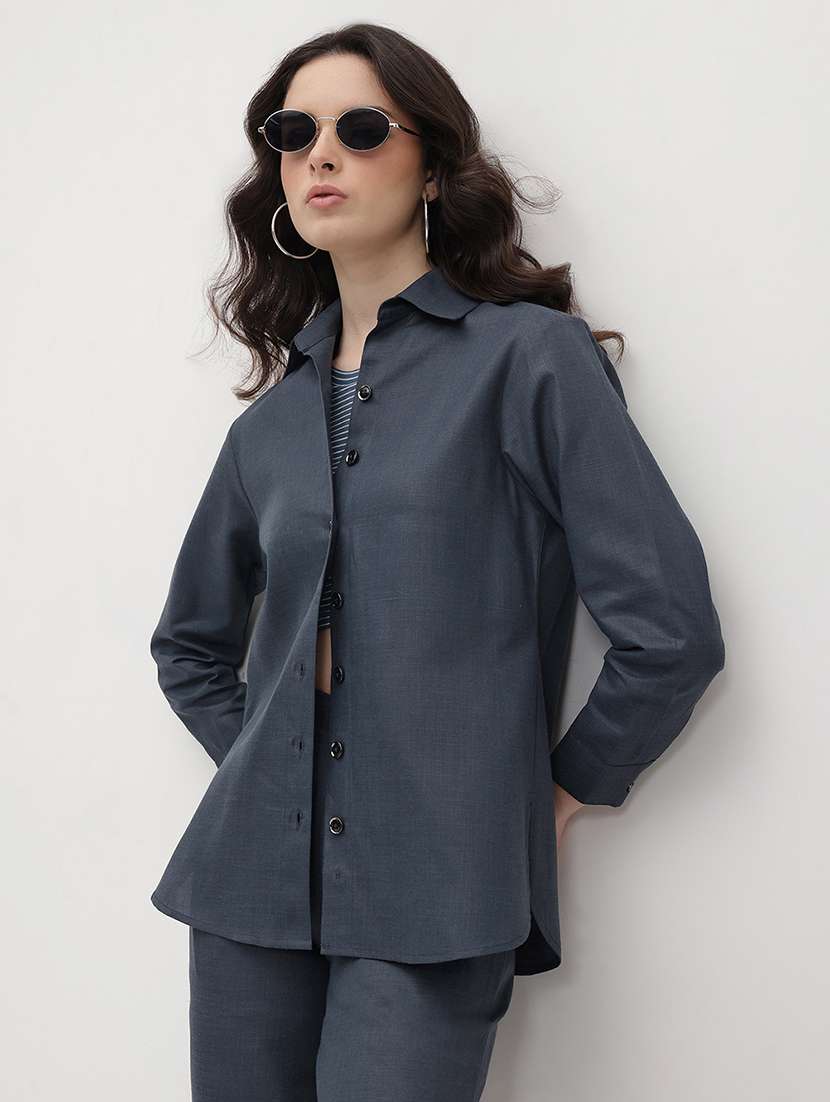 women solid shirt and trouser co-ord set - 22178429 -  Standard Image - 3