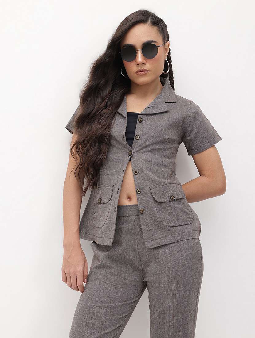 women solid shirt and trouser co-ord set - 22178441 -  Standard Image - 3