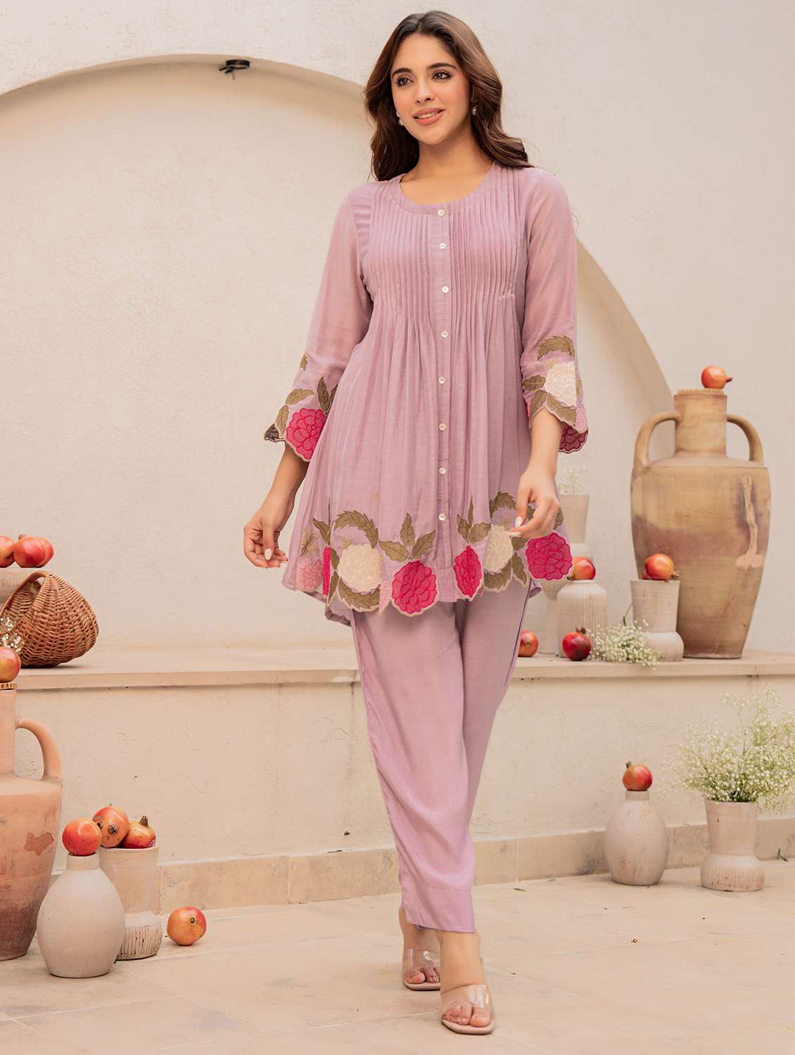 women solid with work three quarter sleeve ethnic co-ord set - 22178444 -  Zoom Image - 0