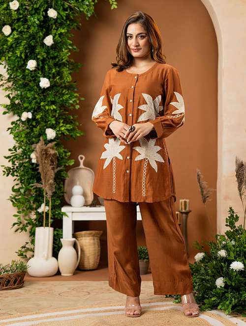 women solid with work three quarter sleeve ethnic co-ord set - 22178446 -  Standard Image - 0