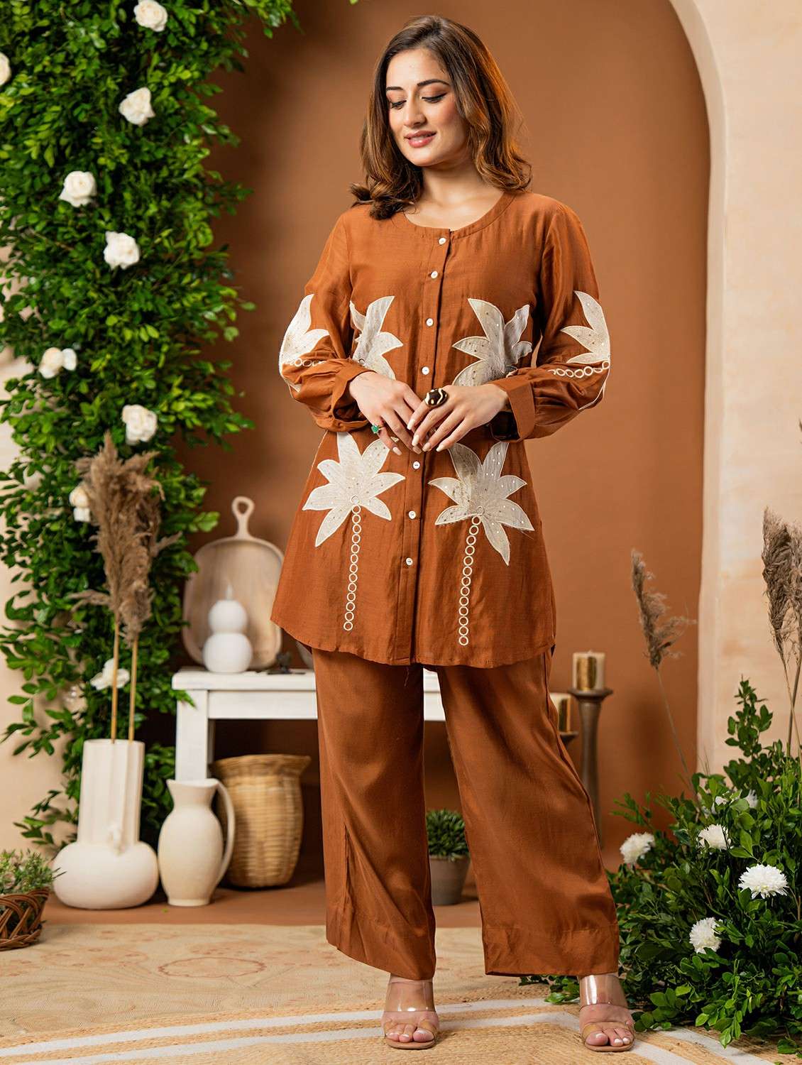 women solid with work three quarter sleeve ethnic co-ord set - 22178446 -  Standard Image - 3