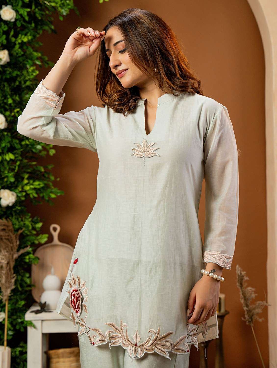 women solid with work three quarter sleeve ethnic co-ord set - 22178447 -  Standard Image - 3