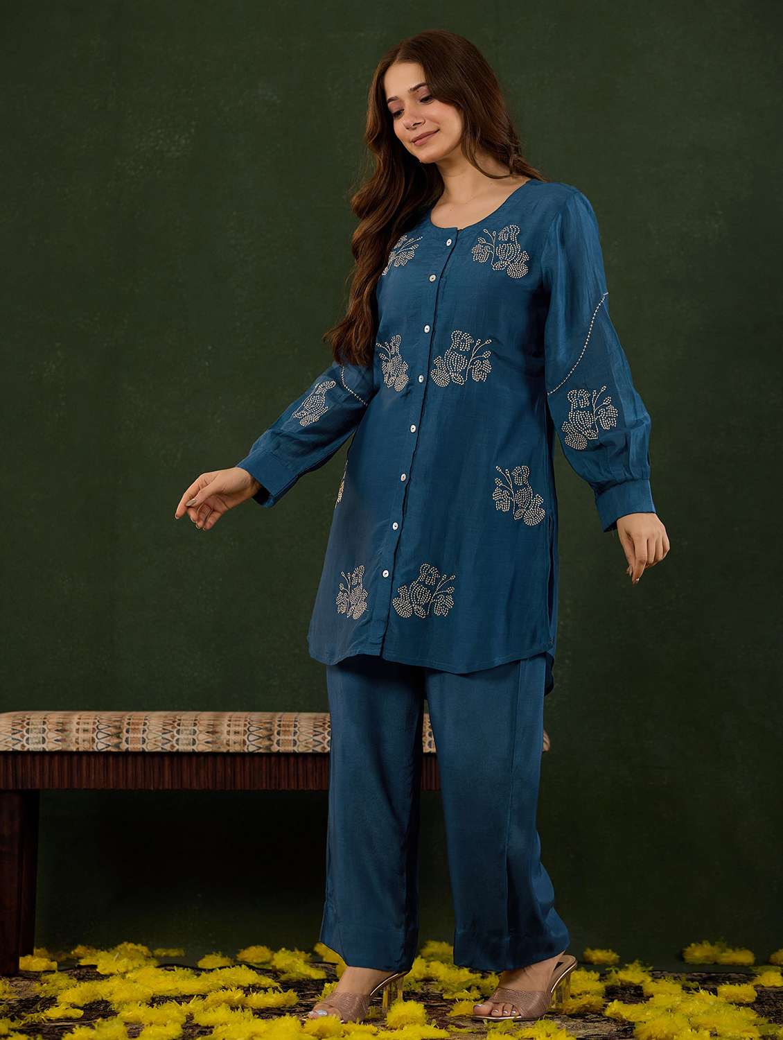 women solid with work long sleeve ethnic co-ord set - 22178449 -  Standard Image - 3