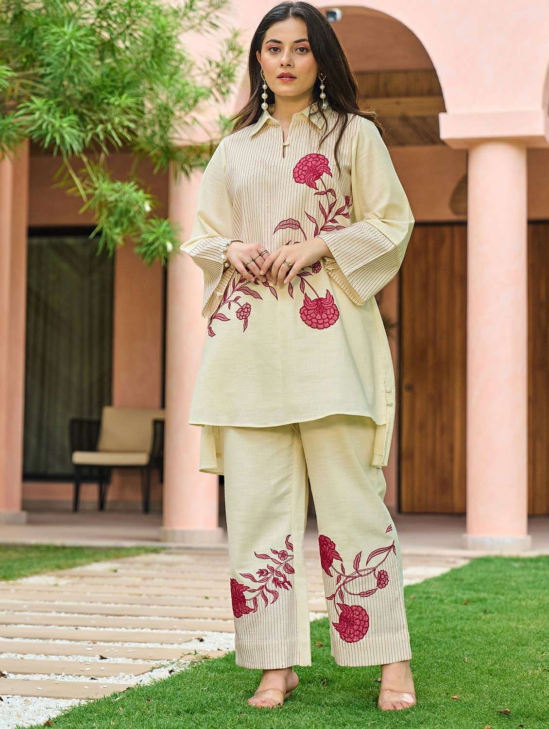 women solid with work long sleeve ethnic co-ord set - 22178451 -  Standard Image - 3