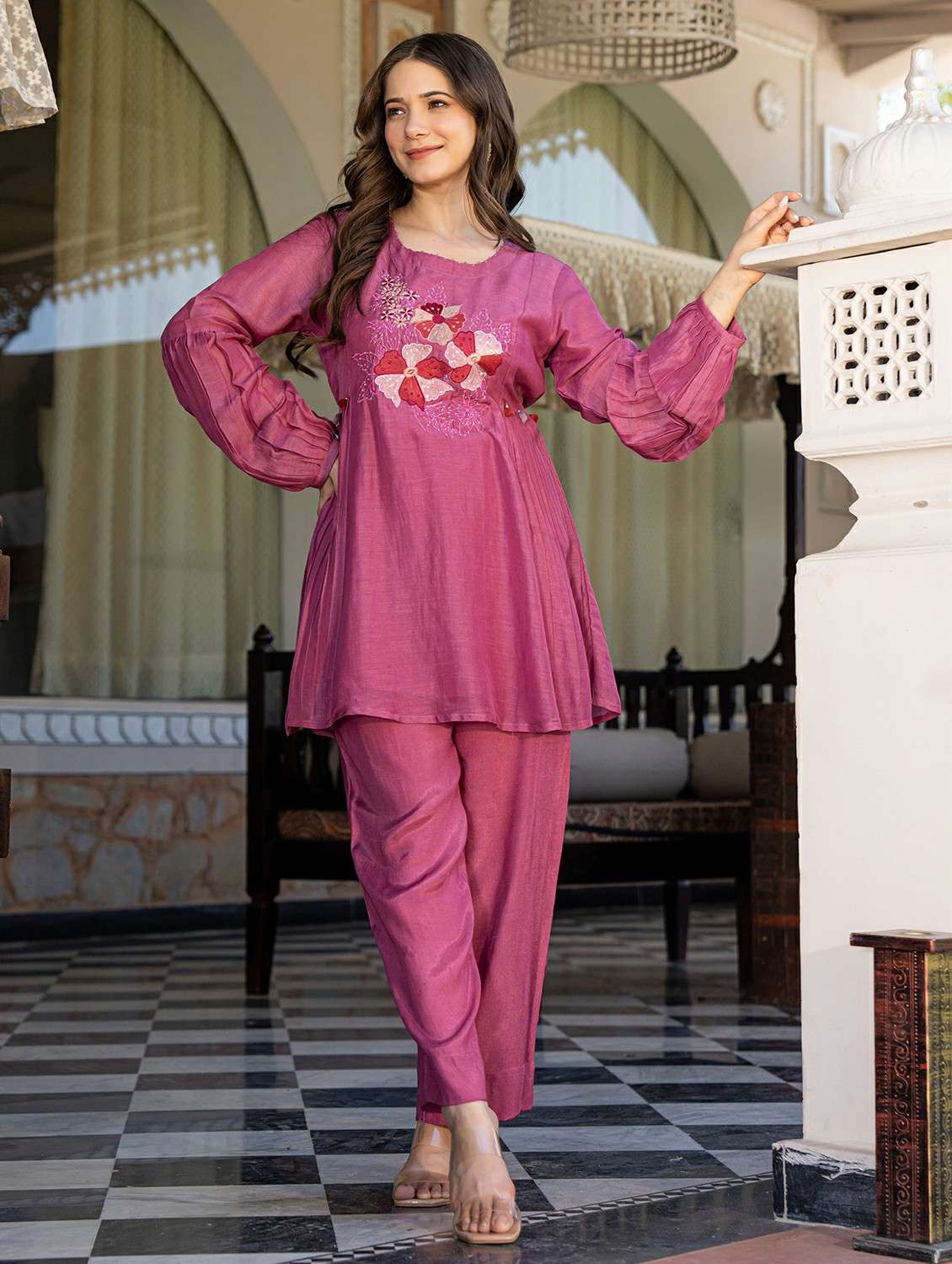 women solid with work long sleeve ethnic co-ord set