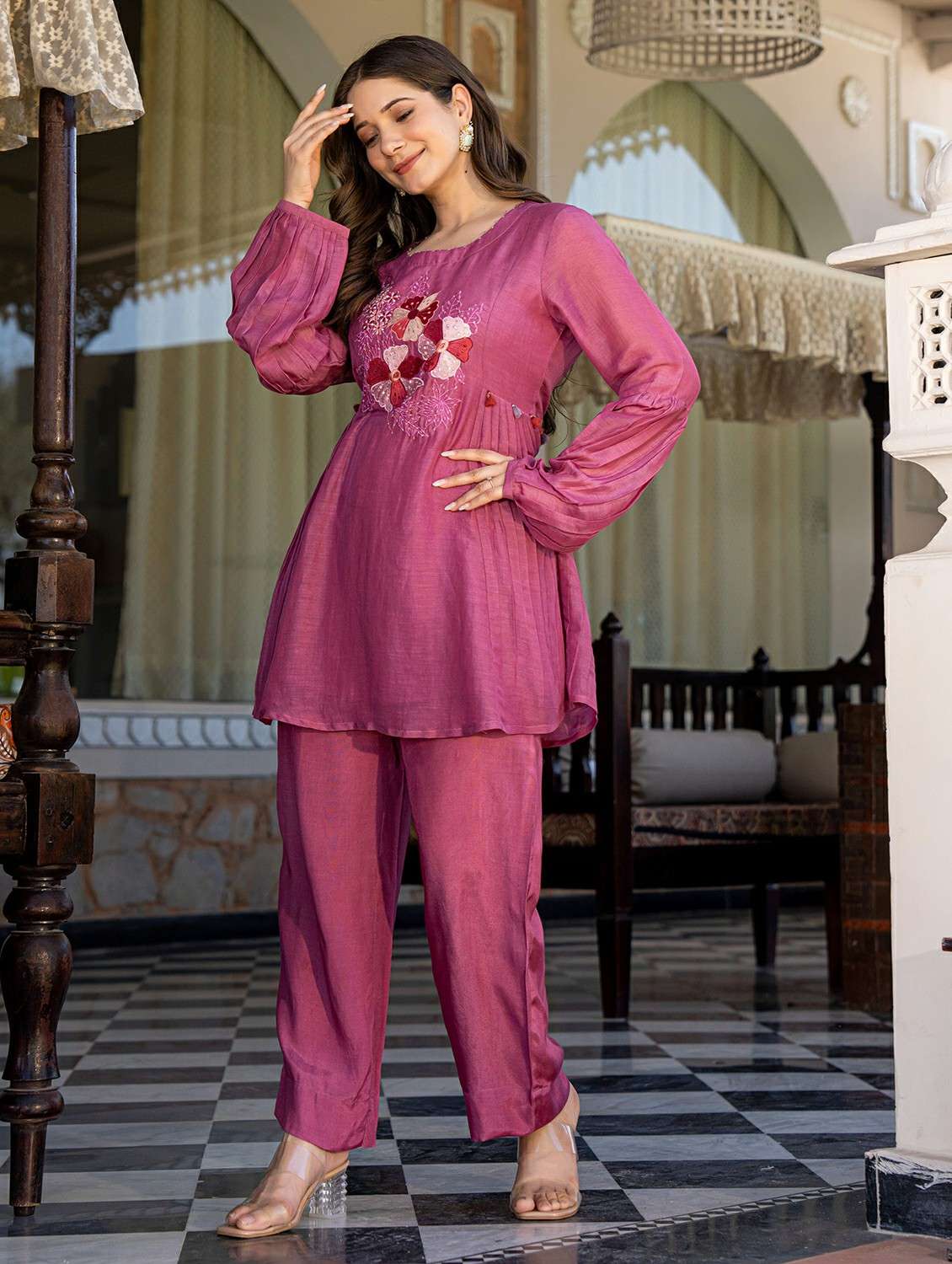 women solid with work long sleeve ethnic co-ord set - 22178455 -  Standard Image - 3