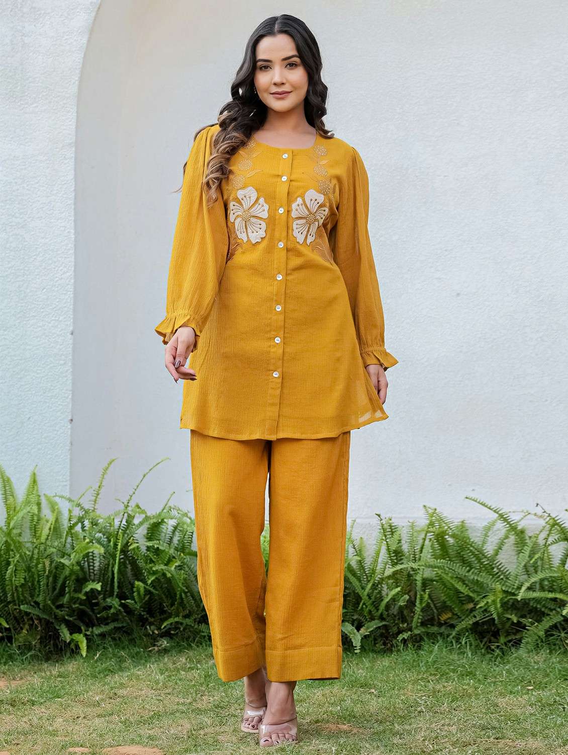 women solid with work long sleeve ethnic co-ord set