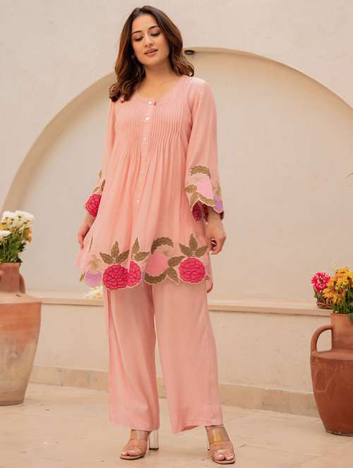 women solid with work long sleeve ethnic co-ord set - 22178458 -  Standard Image - 0