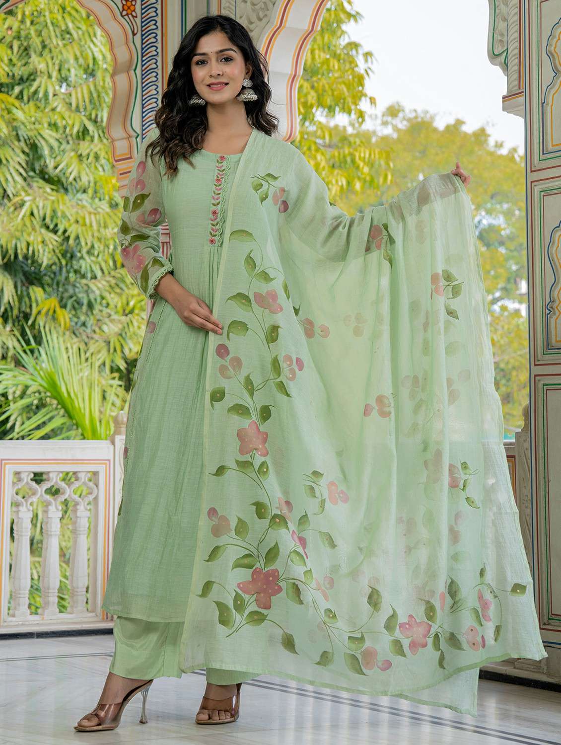 women floral printed three quarter sleeve kurta pant with dupatta set - 22178461 -  Zoom Image - 0