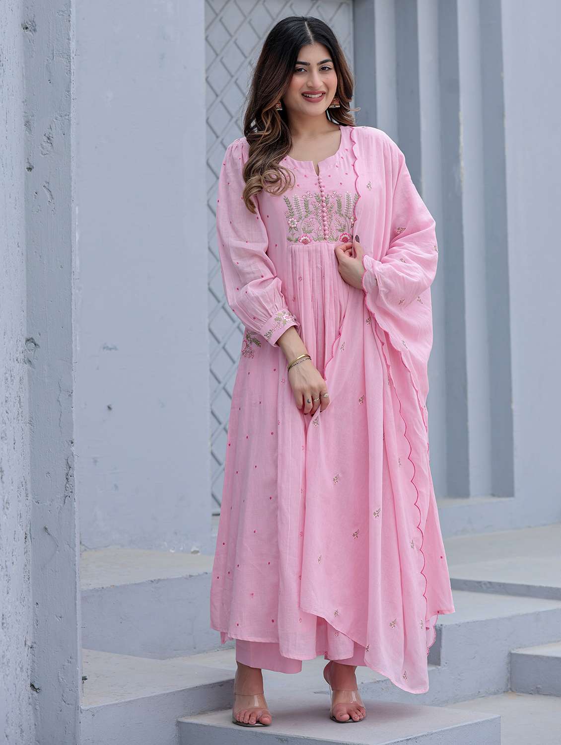 women embroidered puff sleeve kurta pant with dupatta set