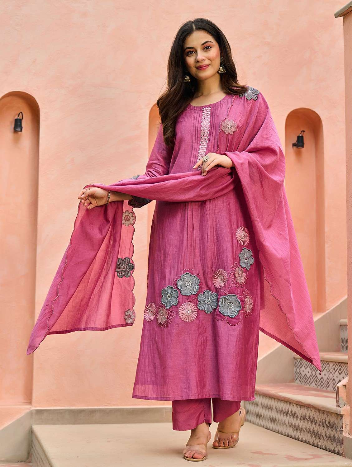 women embroidered three quarter sleeve kurta pant with dupatta set - 22178481 -  Zoom Image - 0