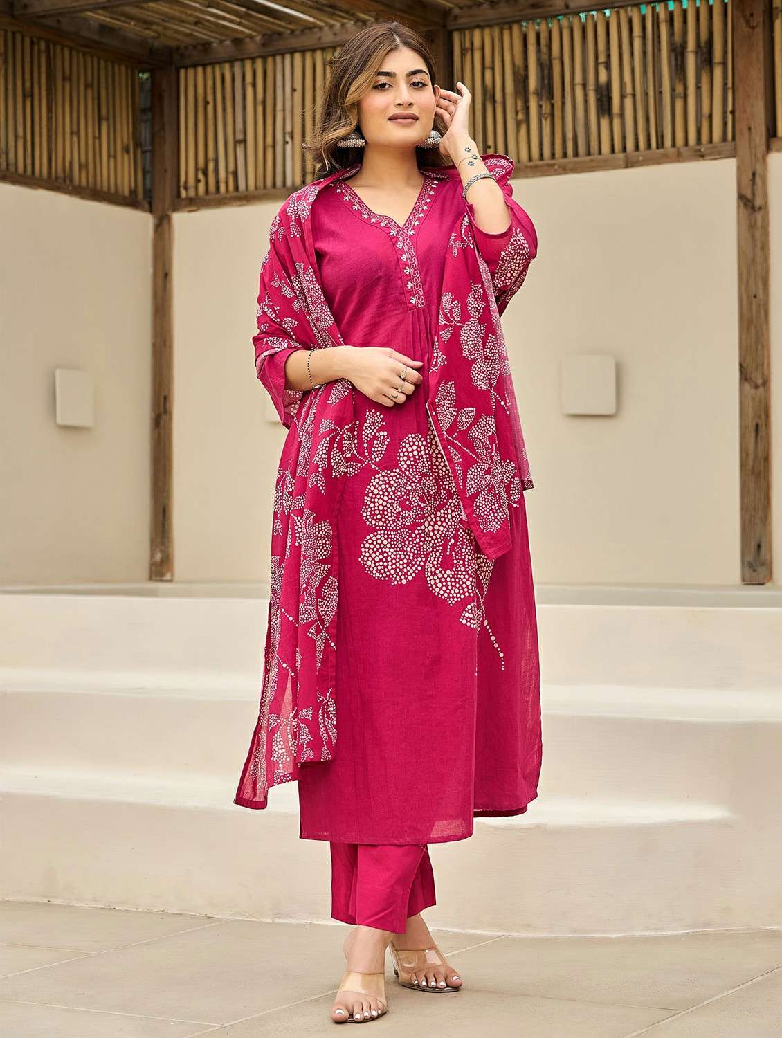 women embroidered flared sleeve kurta pant with dupatta set