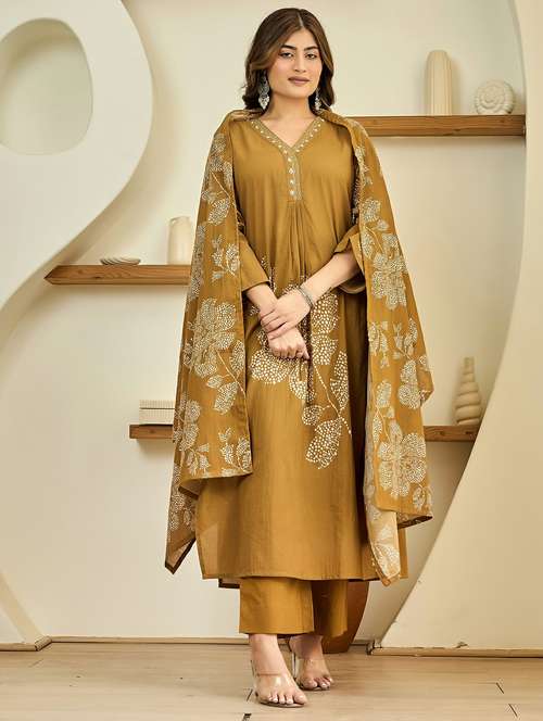 women embroidered flared sleeve kurta pant with dupatta set - 22178488 -  Standard Image - 0