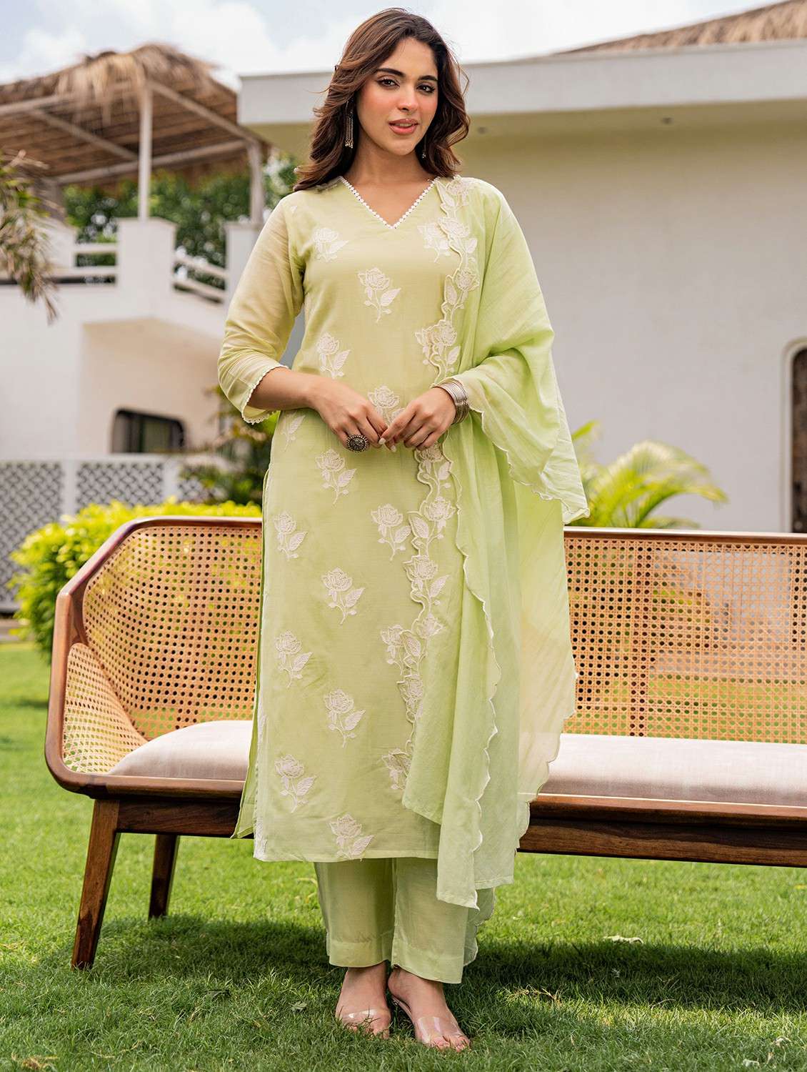 women embroidered three quarter sleeve kurta pant with dupatta set