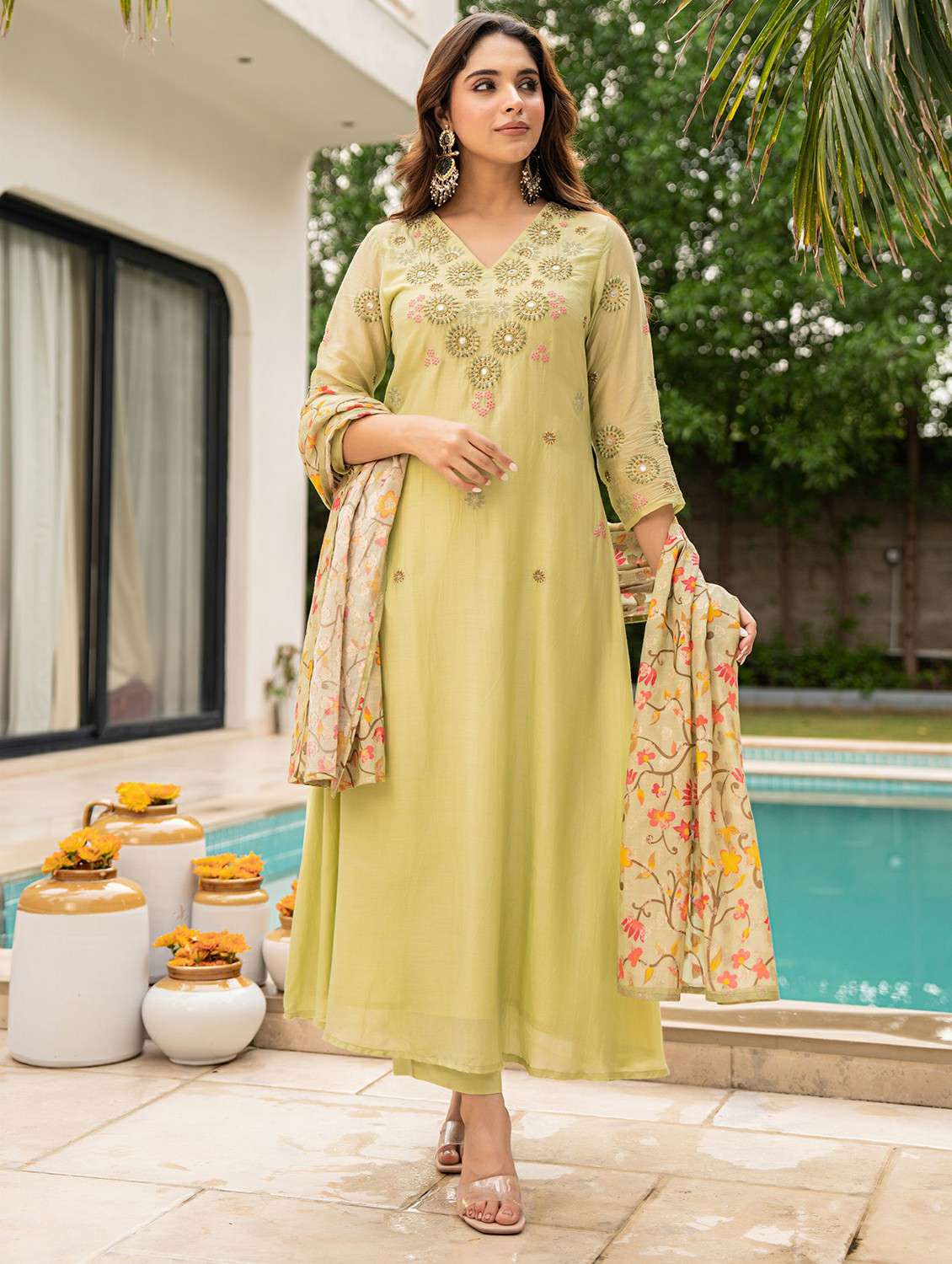 women embroidered three quarter sleeve kurta pant with dupatta set