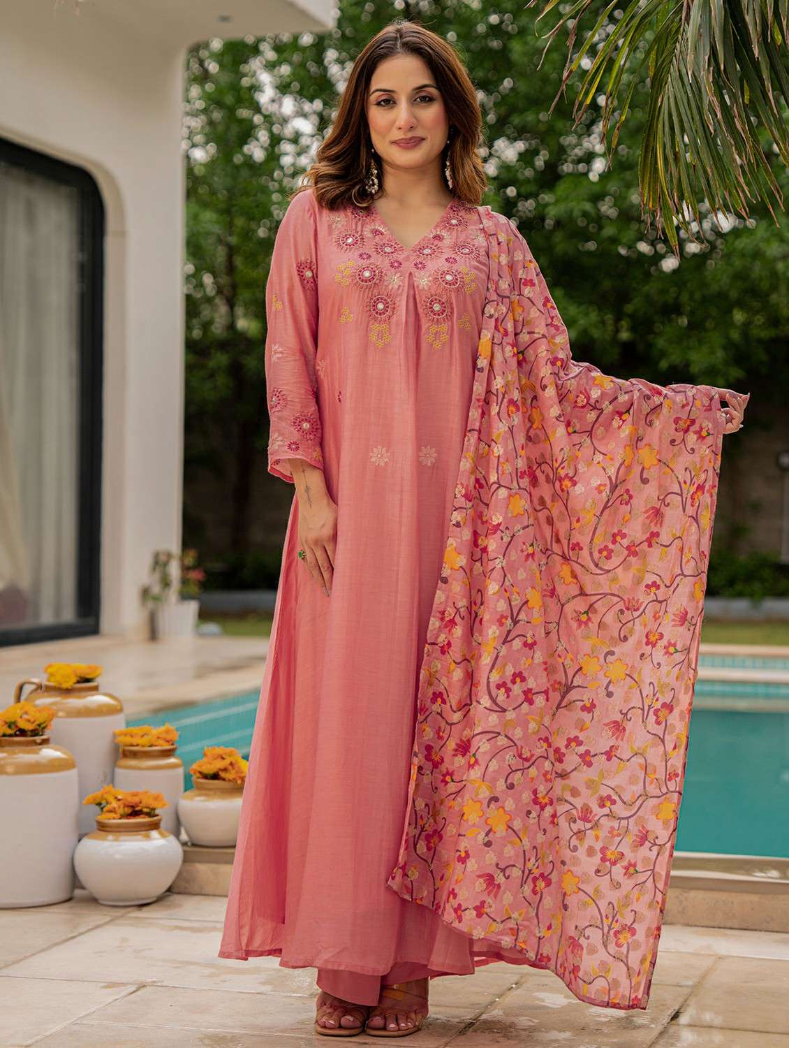 women embroidered three quarter sleeve kurta pant with dupatta set