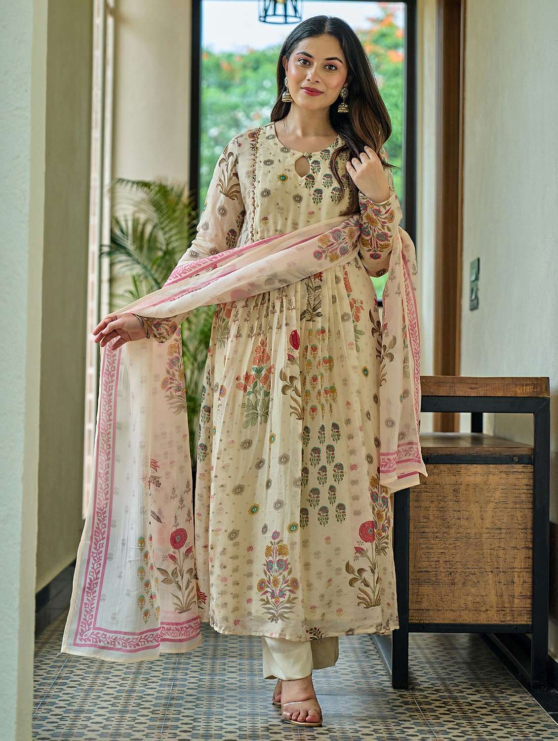 women embroidered three quarter sleeve kurta pant with dupatta set