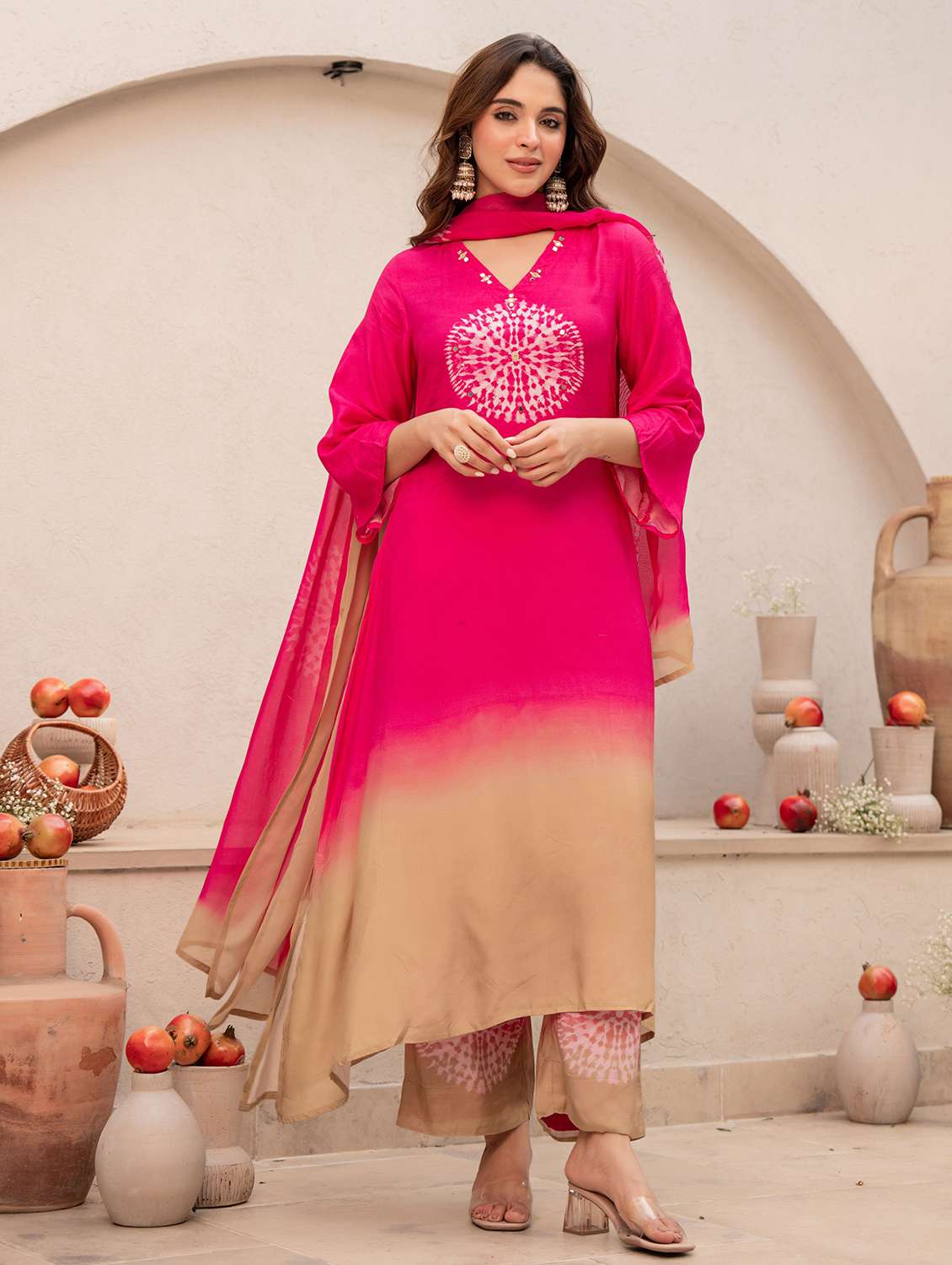 women embroidered three quarter sleeve kurta pant with dupatta set - 22178501 -  Zoom Image - 0