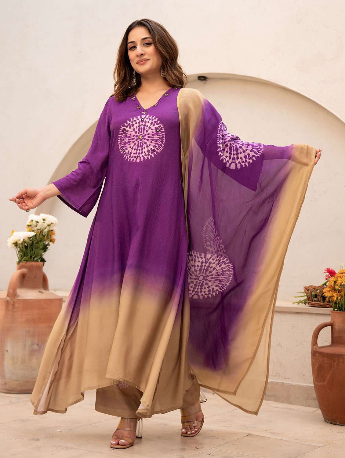 women embroidered three quarter sleeve kurta pant with dupatta set - 22178502 -  Zoom Image - 0