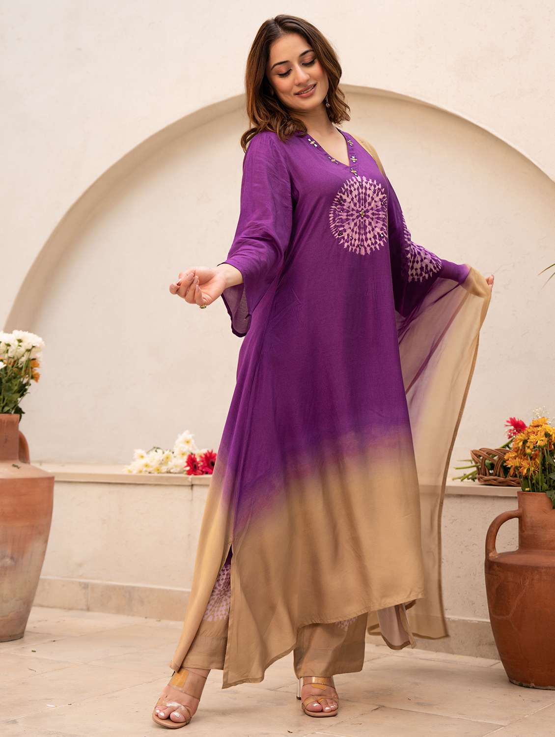 women embroidered three quarter sleeve kurta pant with dupatta set - 22178502 -  Standard Image - 3