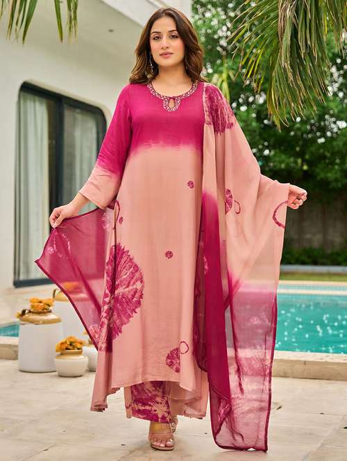 women embroidered three quarter sleeve kurta pant with dupatta set - 22178503 -  Standard Image - 0