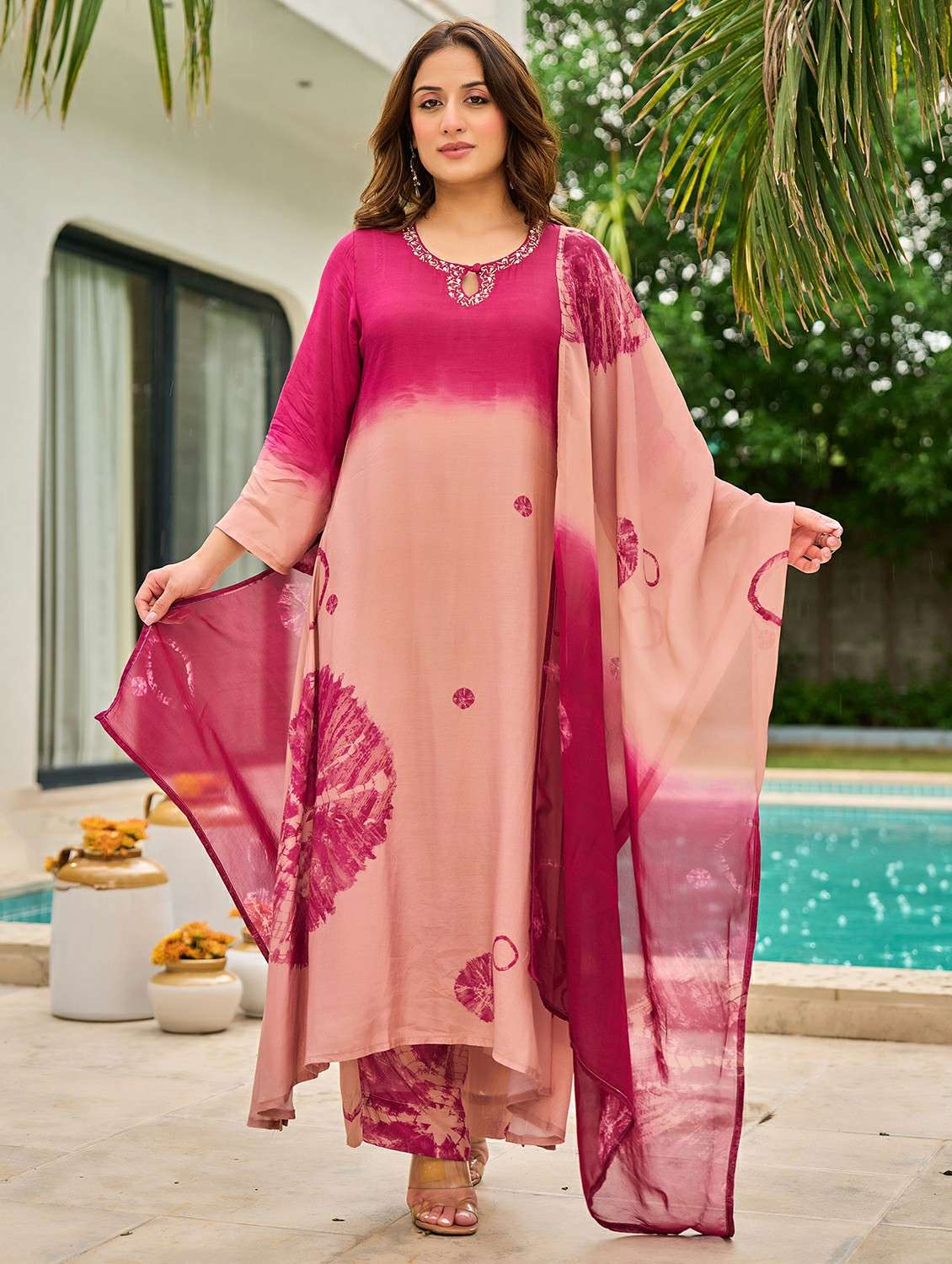 women embroidered three quarter sleeve kurta pant with dupatta set