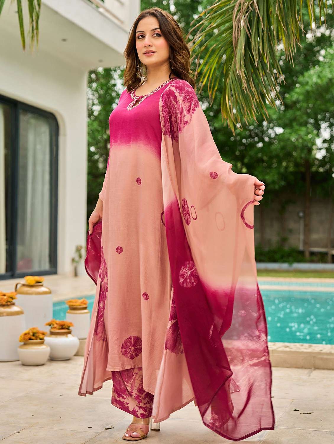 women embroidered three quarter sleeve kurta pant with dupatta set - 22178503 -  Standard Image - 3