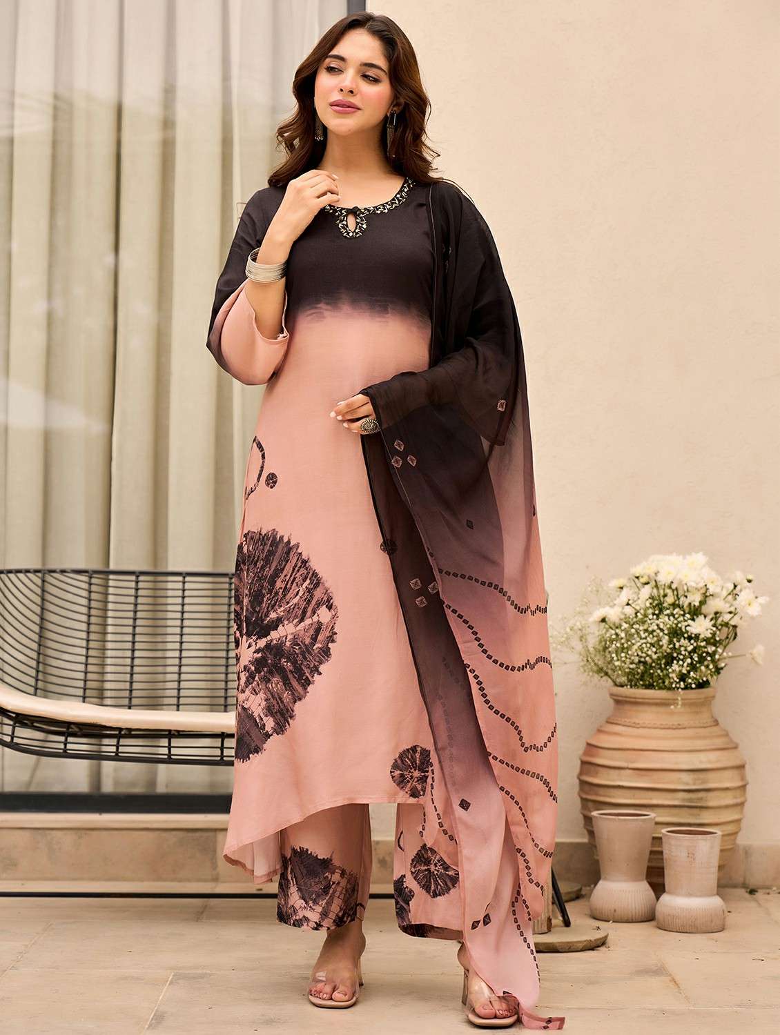 women embroidered three quarter sleeve kurta pant with dupatta set