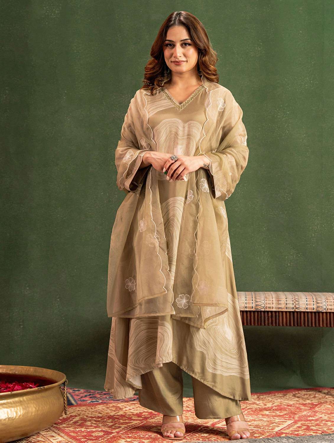 women embroidered long sleeve kurta pant with dupatta set