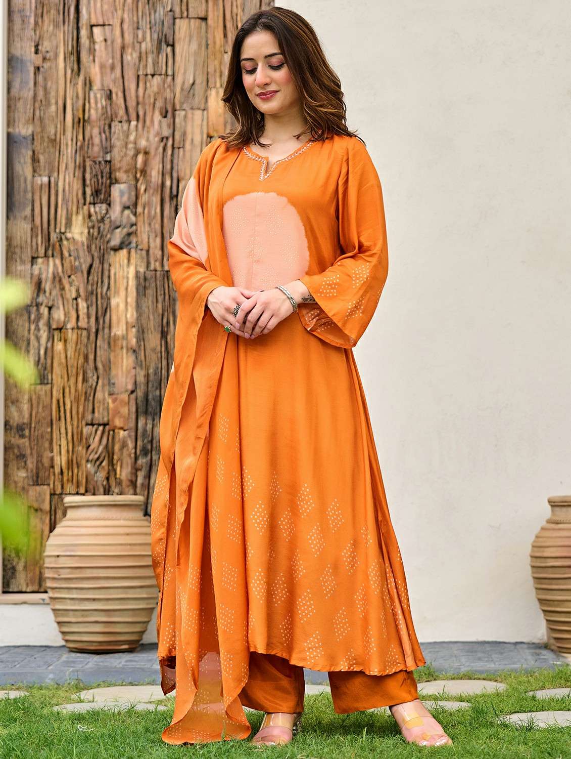 women embroidered long sleeve kurta pant with dupatta set