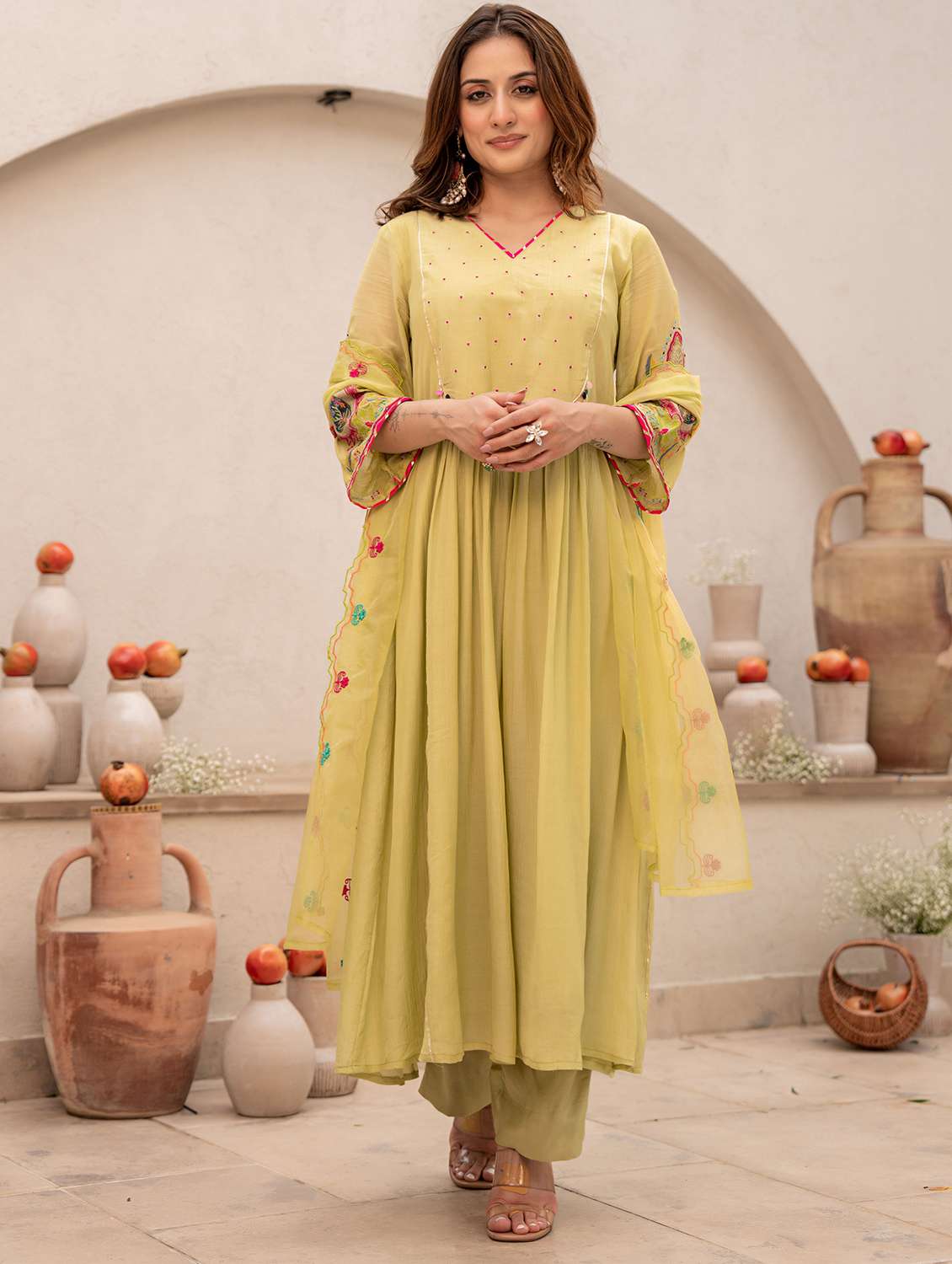 women embroidered three quarter sleeve kurta pant with dupatta set - 22178518 -  Standard Image - 3