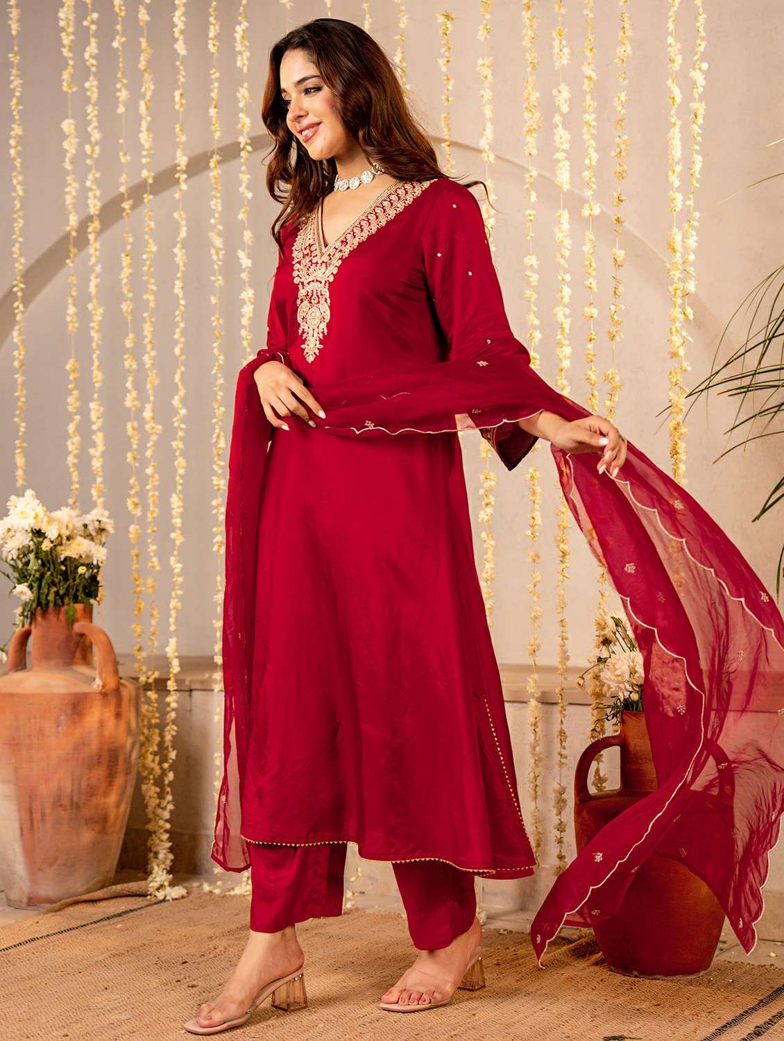 women embroidered three quarter sleeve kurta pant with dupatta set - 22178520 -  Standard Image - 3