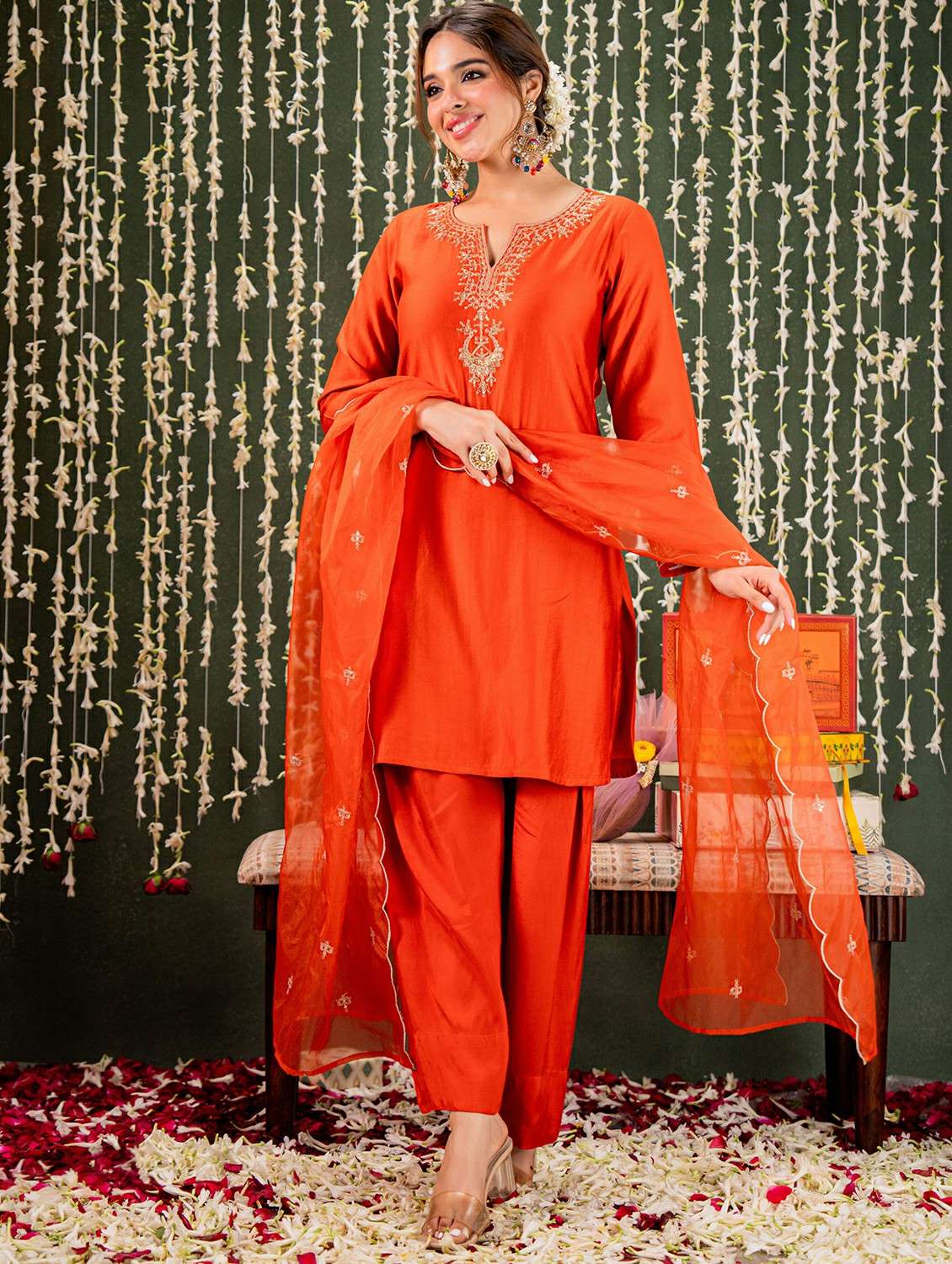 women embroidered long sleeve kurta pant with dupatta set